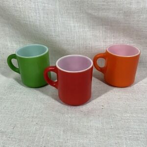 Vtg Set 3 Hazel Atlas "Orange Peel" Texture Painted Milk‎ Glass Cup Mug MCM